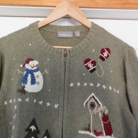 Croft & Barrow Winter Scene Sweater Size XL Snowman Cardinals Skis Full Zip - Picture 2 of 6